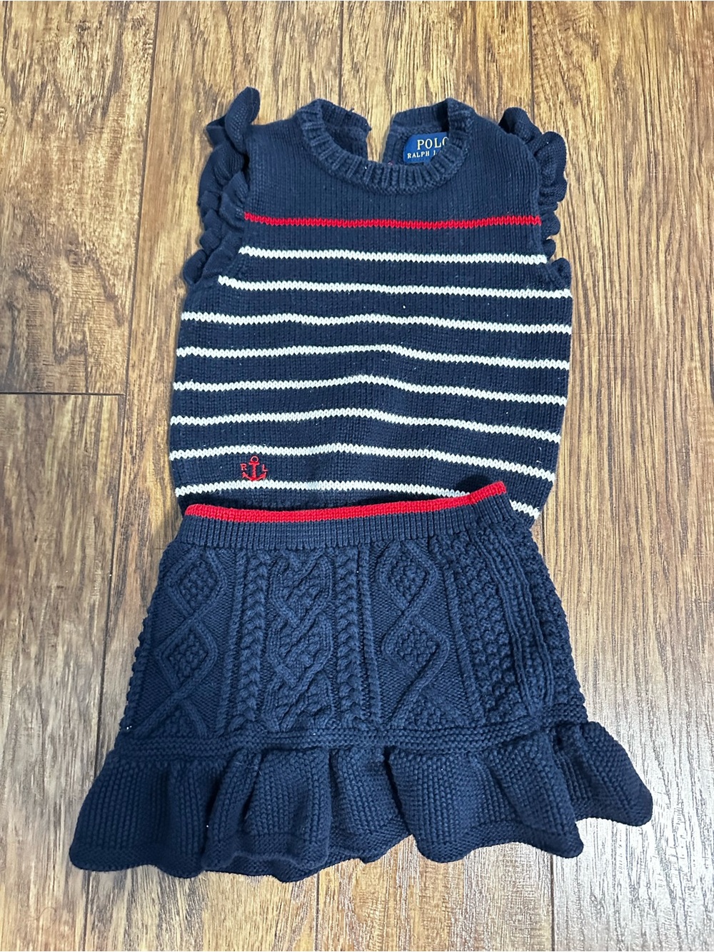 Polo Ralph Lauren Navy Striped Knit Two-Piece Set with Red Trim girls size 2t